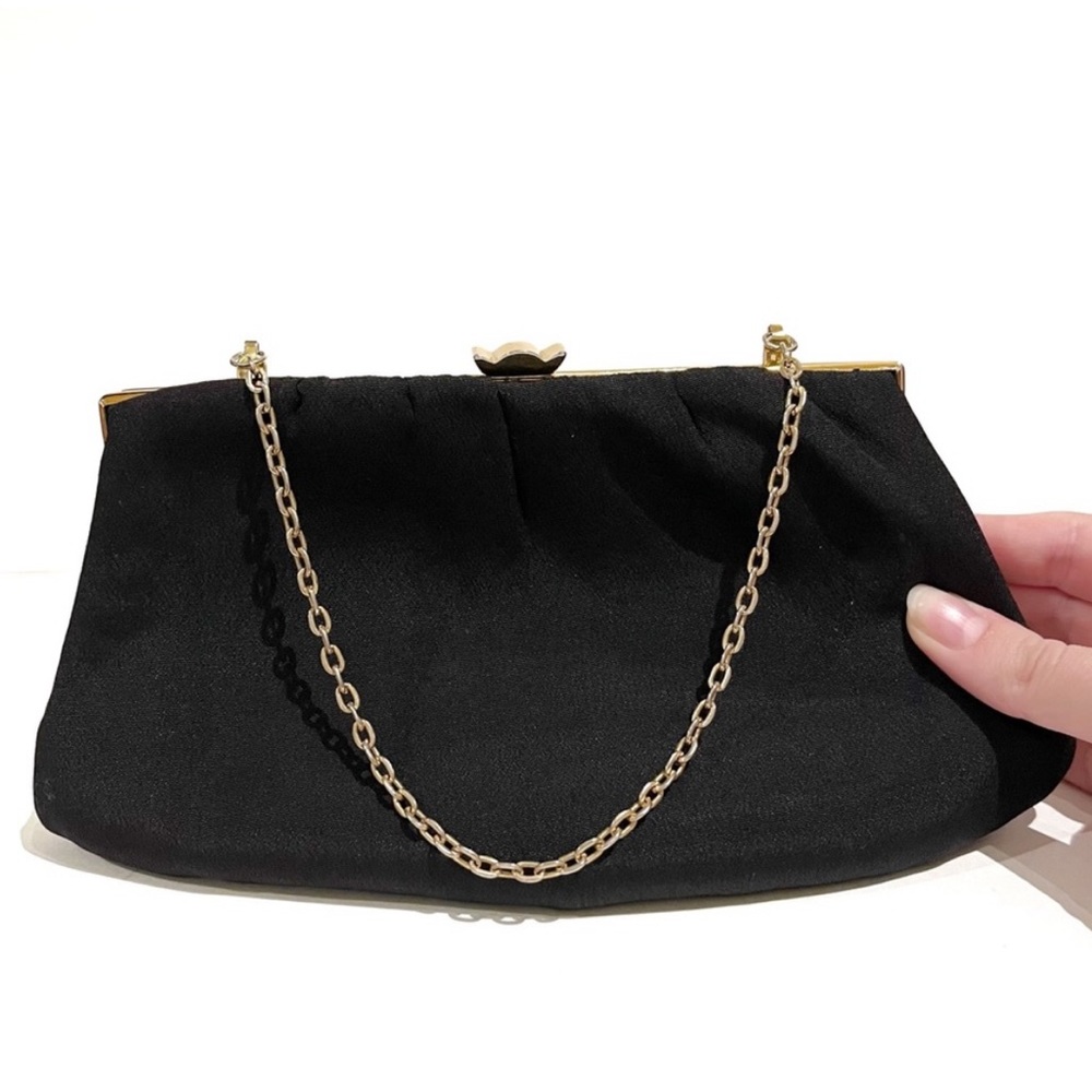 Vintage Black Clutch Purse Handbag Evening Bag Gold Coloured Snap Closure Chain
